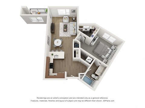 a stylized floor plan with a bedroom and a living room